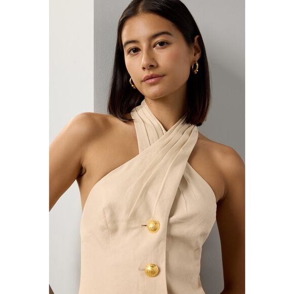 Toccin Cream Linen Crossover Halter Neck Front Mini Dress Size 6 - Picture 4 of 16